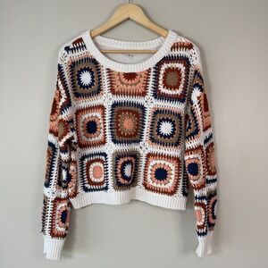 American Eagle Crochet Granny Square Sweater Small Boho Festival Hippie Cotton